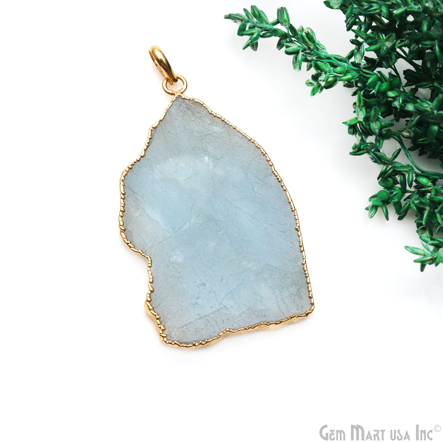 Aquamarine Free Form shape 54x31mm Gold Electroplated Gemstone Single Bail Pendant