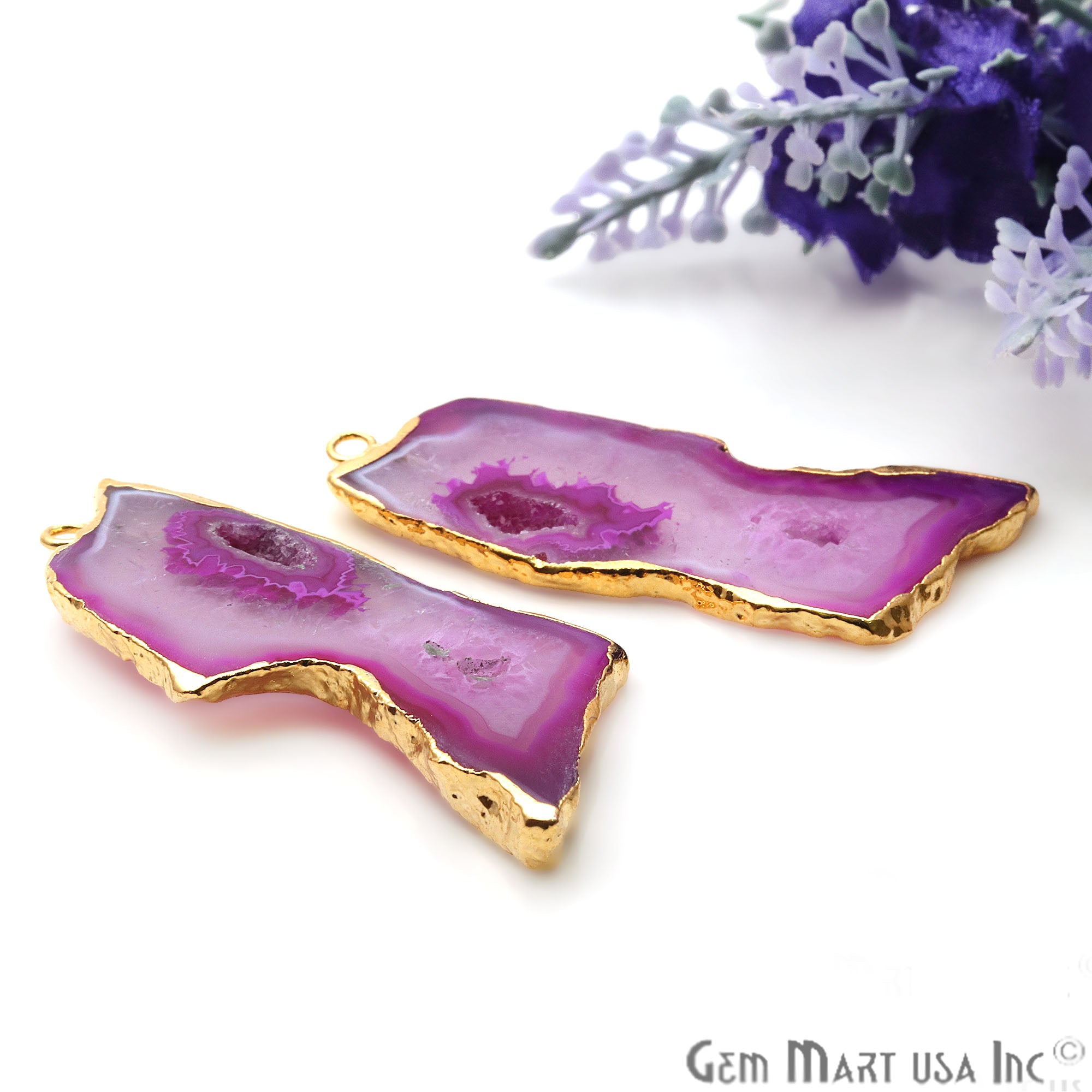 Agate Slice 21x42mm Organic Gold Electroplated Gemstone Earring Connector 1 Pair - GemMartUSA