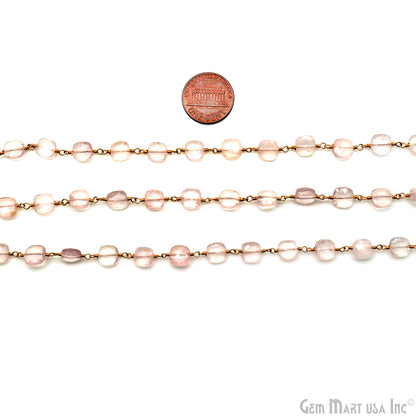 Rose Quartz Faceted 7-8mm Square Beads Gold Plated Rosary Chain