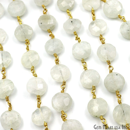 Rainbow Moonstone Coin Shape 10-12mm Gold Wire Wrapped Rosary Chain