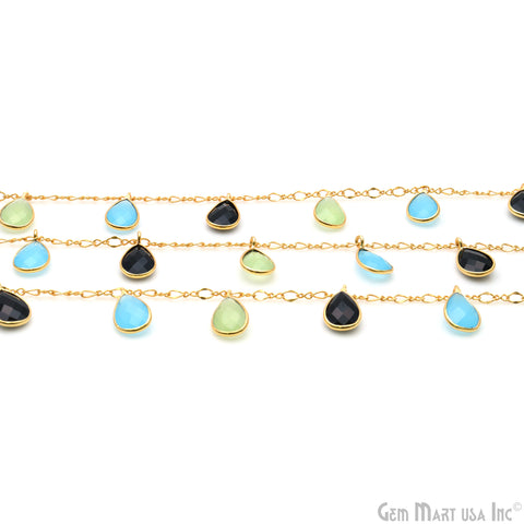Sky Blue, Black Onyx & Green Chalcedony Pears Bezel Connector Dangle Rosary Chain