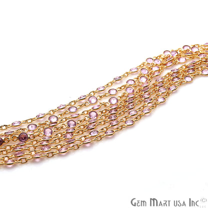 Pink Zirconia 4mm Round Gold Plated Continuous Connector Chain - GemMartUSA