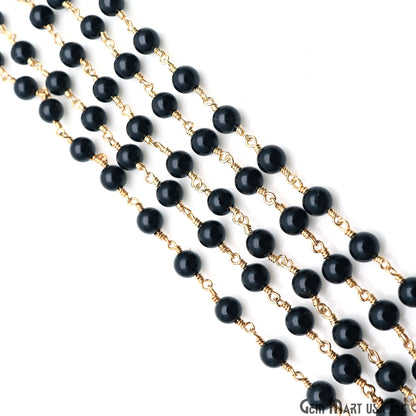 Black Jade Cabochon Beads 6mm Gold Wire Wrapped Rosary Chain