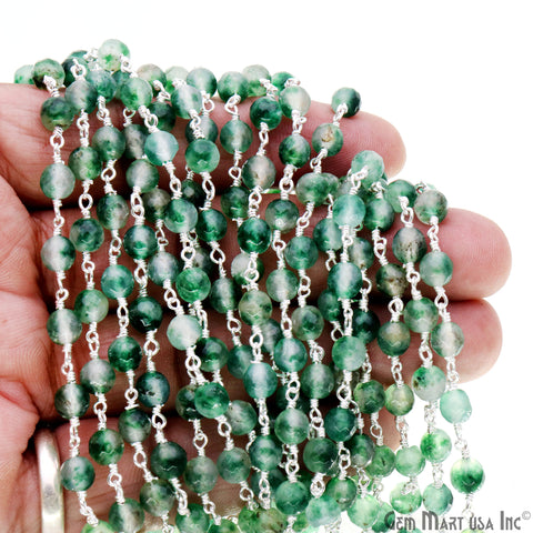 Emerald Jade Cabochon 6mm Beads Silver Wire Wrapped Rosary Chain