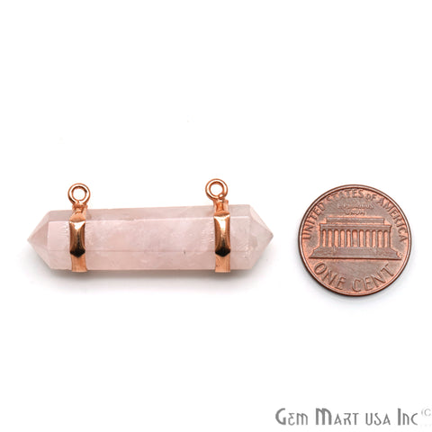 Rose Quartz 38x10mm Double Point Cat Bail Rose Gold Plated Gemstone Connector