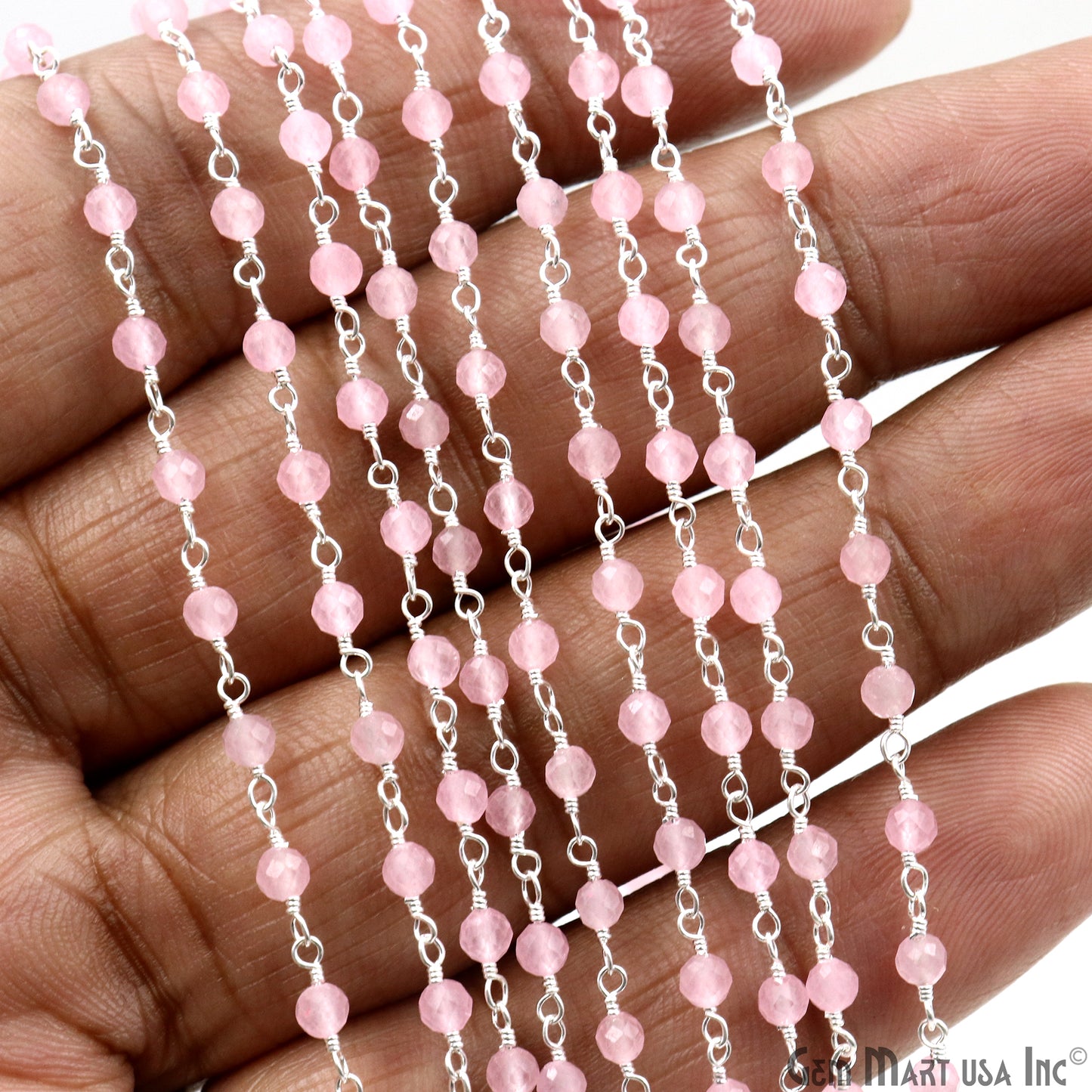 Rose Quartz Silver Plated Beaded Wire Wrapped Rosary Chain