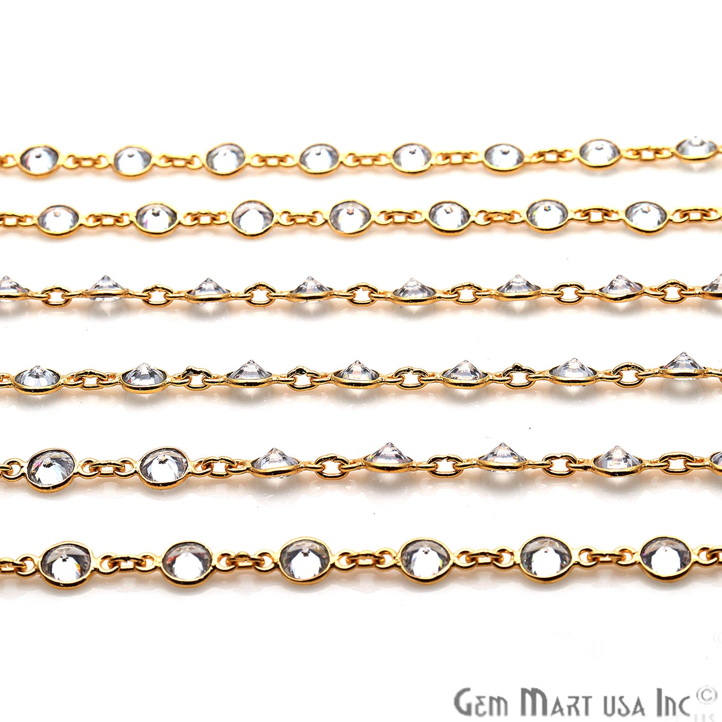 White Zirconia Gemstone 5mm Round Bezeled Gold Plated Continuous Connector Chain - GemMartUSA