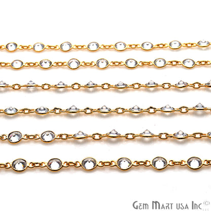 White Zirconia Gemstone 5mm Round Bezeled Gold Plated Continuous Connector Chain - GemMartUSA