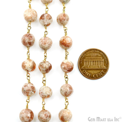 Sunstone Cabochon Beads 8mm Gold Plated Gemstone Rosary Chain