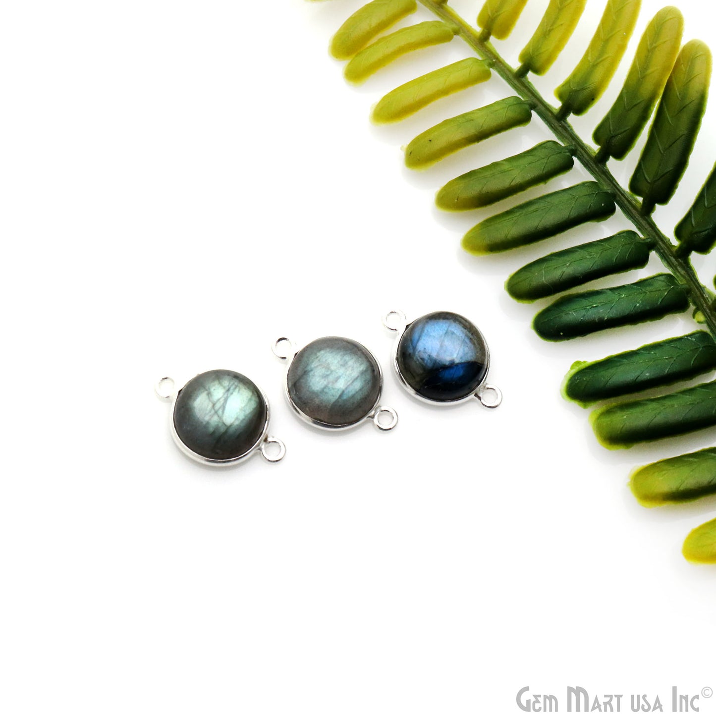 Flashy Labradorite Cabochon 11mm Round Double Bail Silver Plated Gemstone Connector