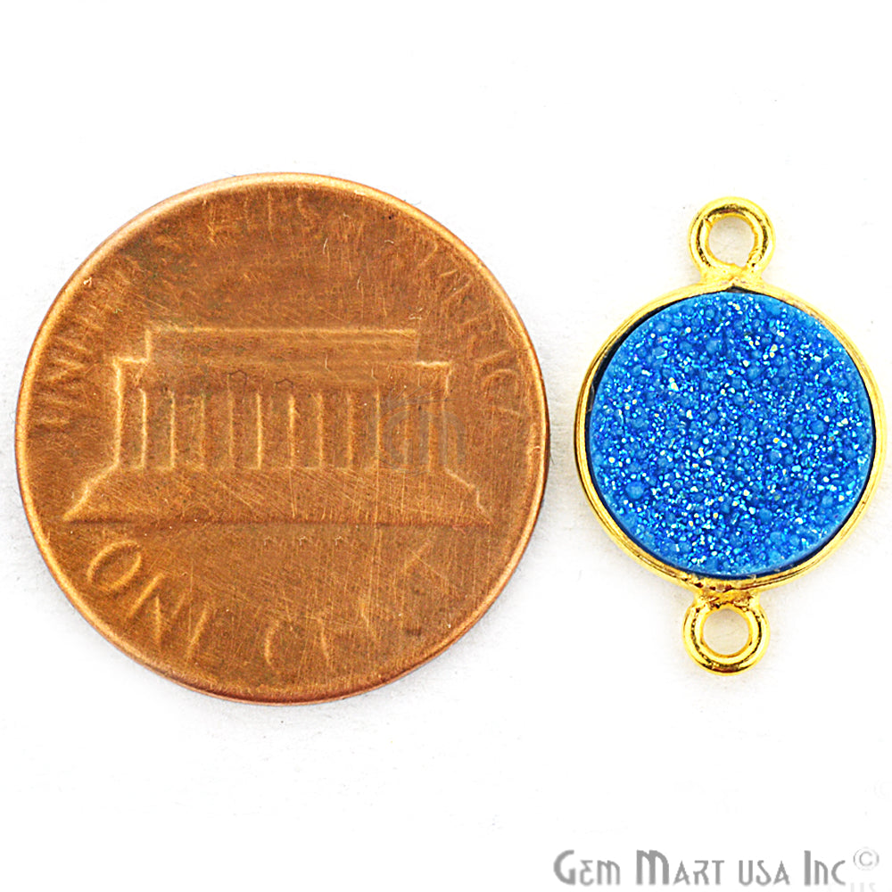 Blue Synthetic Faux Druzy Round 10mm Double Bail Gold Plated Connector - GemMartUSA