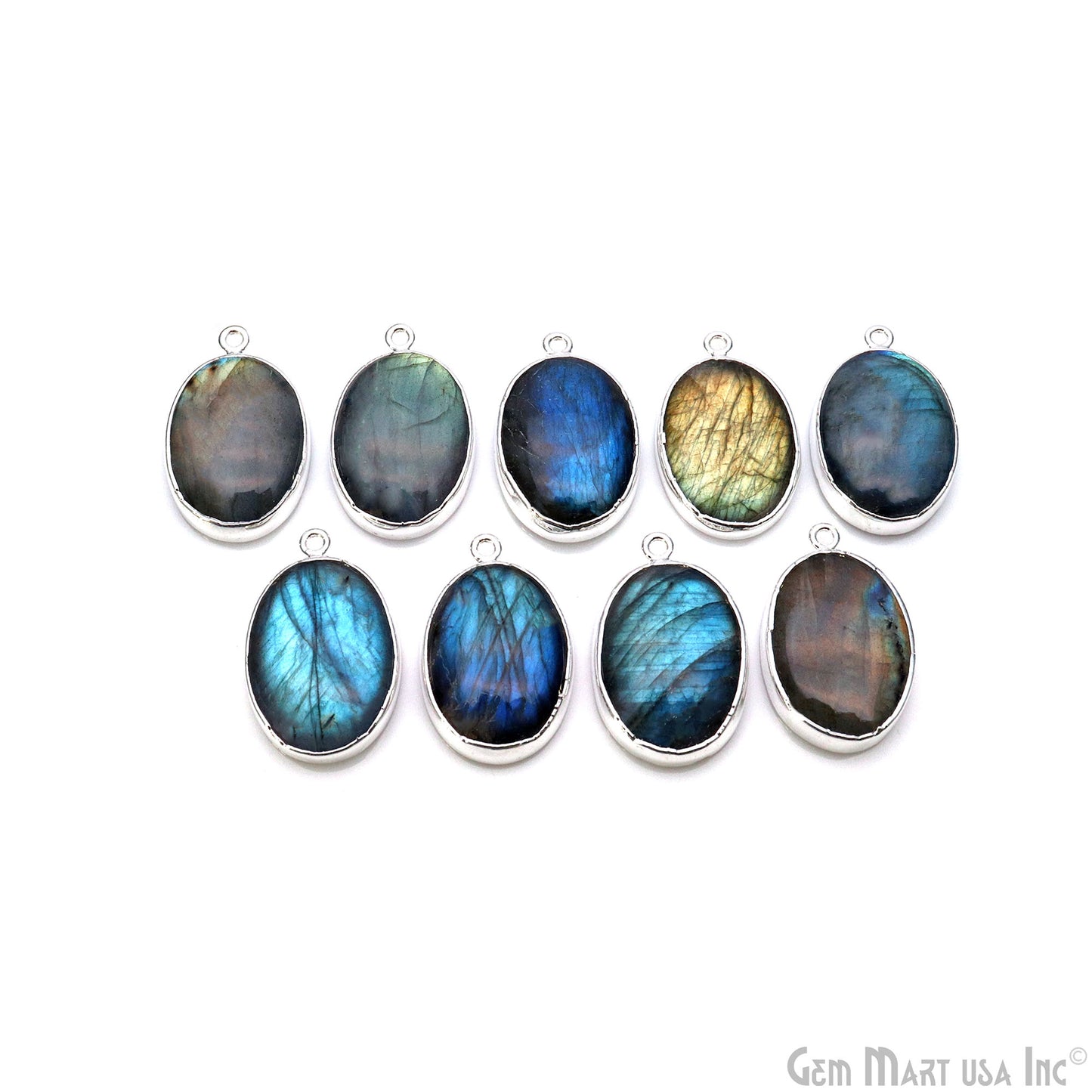 Flashy Labradorite 29x18mm Cabochon Oval Single Bail Silver Electroplated Gemstone Connector