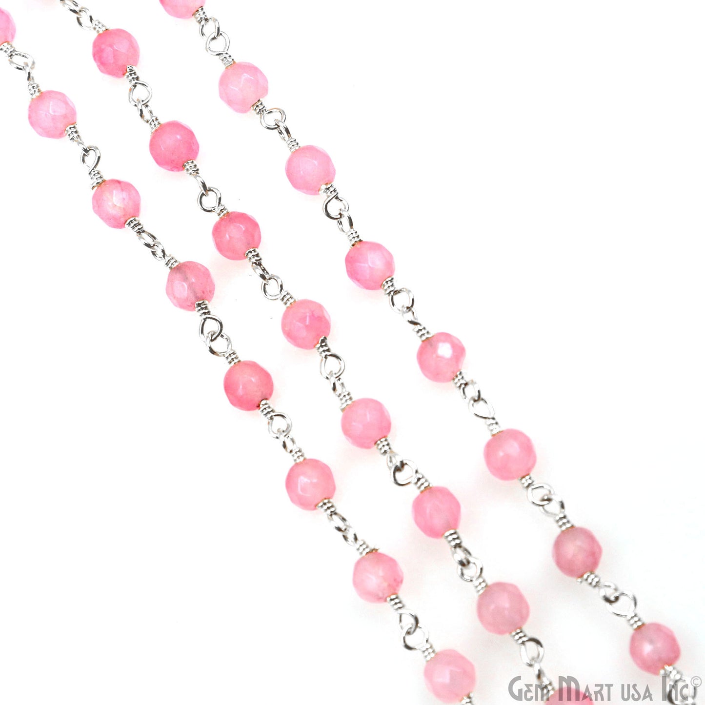 Light Pink Jade Beads 4mm Silver Plated Wire Wrapped Rosary Chain