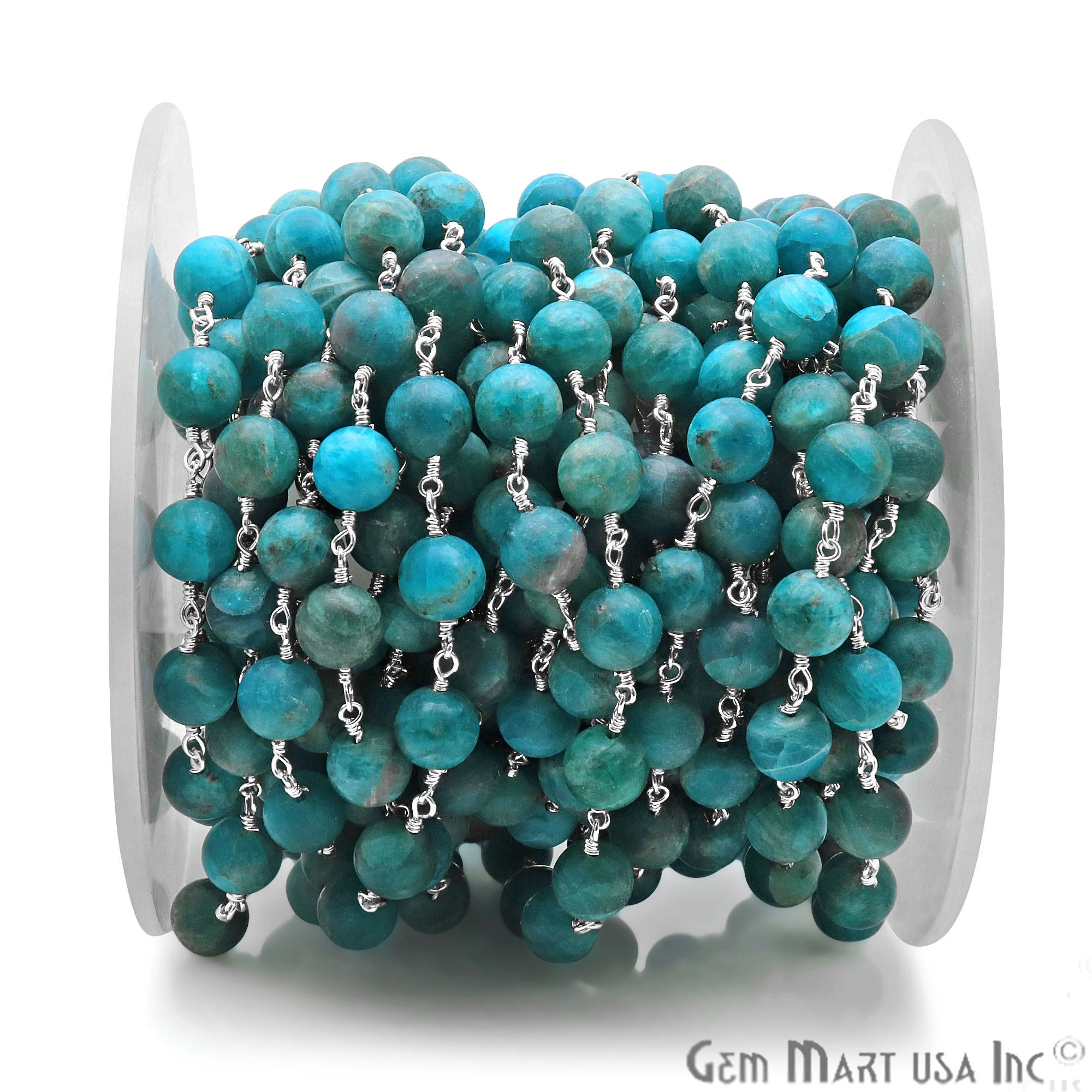 Neon Apatite Smooth Beads 8mm Silver Plated Wire Wrapped Gemstone Rosary Chain - GemMartUSA