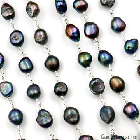 Black Pearl Free Form 8-9mm Silver Wire Wrapped Beads Rosary Chain