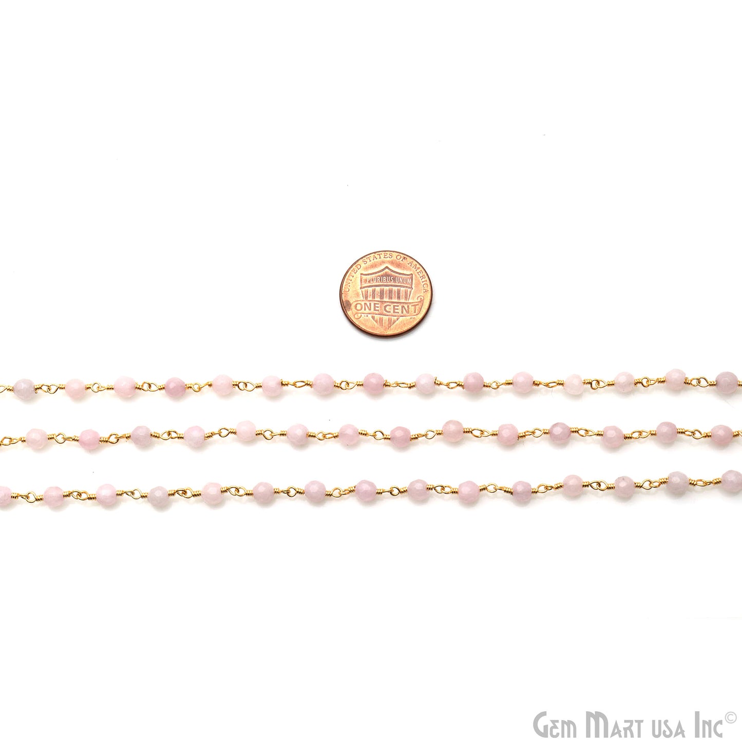 Light Pink Jade Faceted Beads 4mm Gold Plated Wire Wrapped Rosary Chain