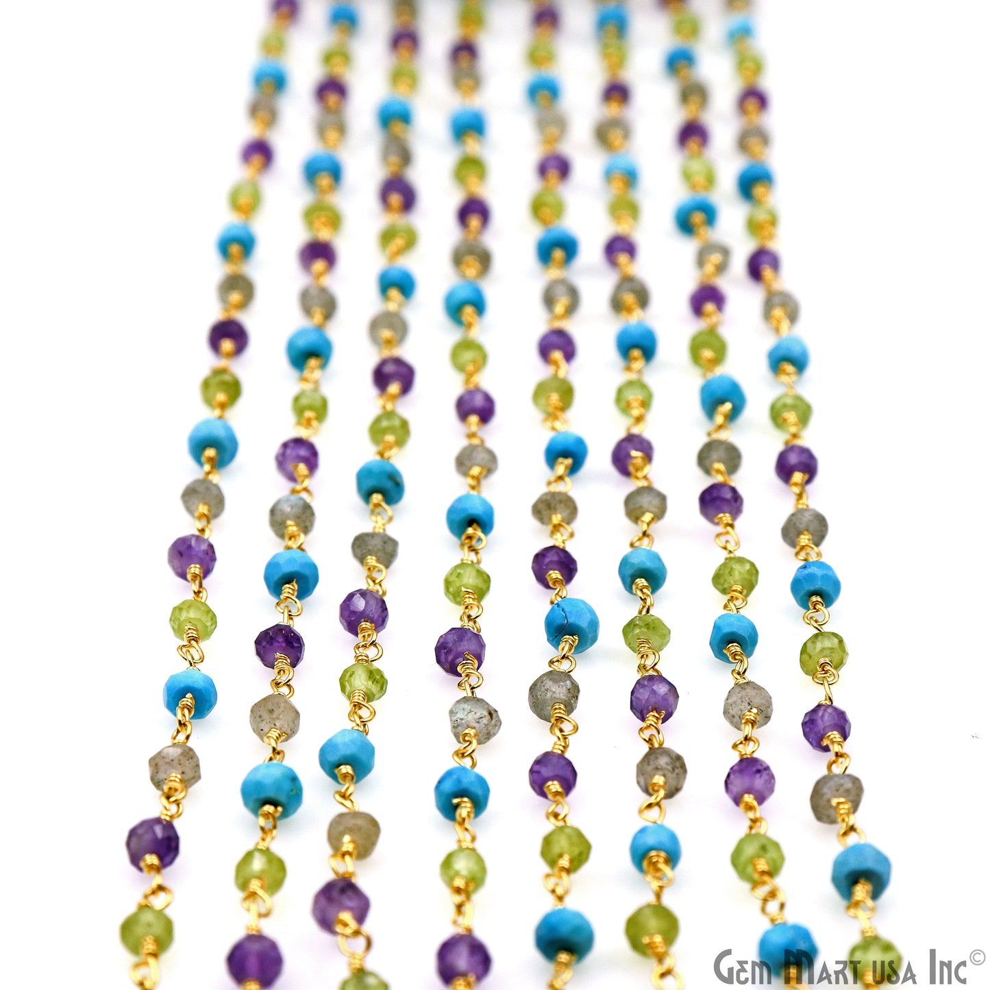 Multistone 3-3.5mm Gold Plated Beaded Wire Wrapped Rosary Chain