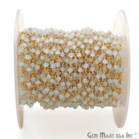 Aqua Chalcedony Gemstone Gold Wire Wrapped Beads Rosary Chain - GemMartUSA