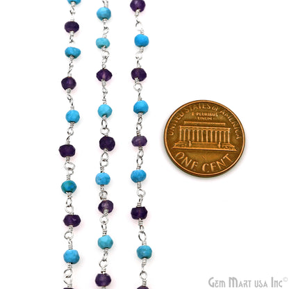 Amethyst & Turquoise 3-3.5mm Silver Plated Beaded Wire Wrapped Rosary Chain