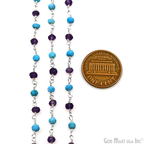 Amethyst & Turquoise 3-3.5mm Silver Plated Beaded Wire Wrapped Rosary Chain