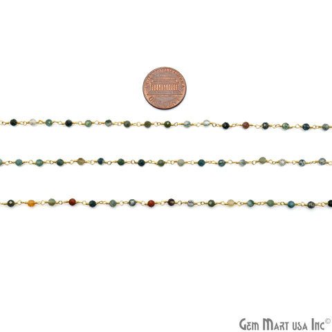 Moss Agate 3-3.5mm Gold Plated Beaded Wire Wrapped Rosary Chain
