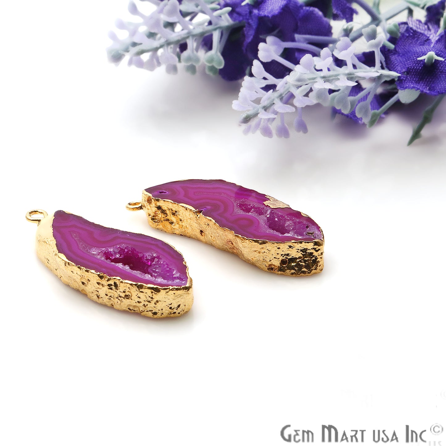 Agate Slice 32x13mm Organic Gold Electroplated Gemstone Earring Connector 1 Pair - GemMartUSA