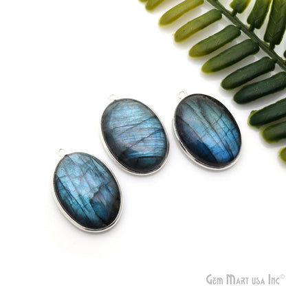 Flashy Labradorite Cabochon 24x17mm Oval Single Bail Silver Plated Gemstone Connector