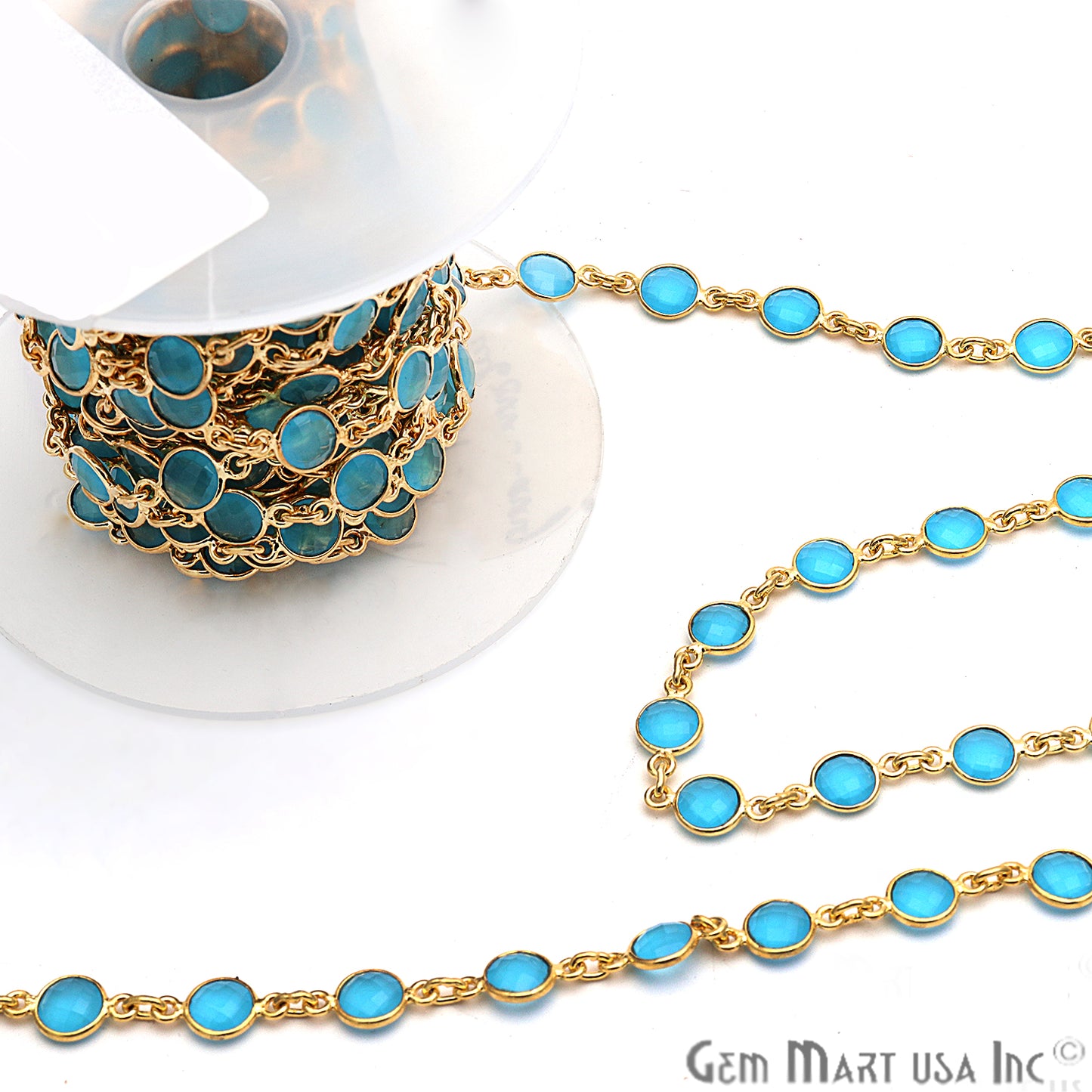 Sky Blue Chalcedony 5mm Bezel Link Gold Plated Continuous Connector Chain - GemMartUSA