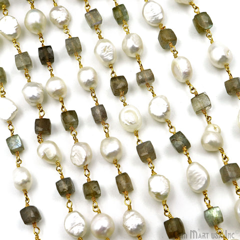 Labradorite Box Beads With Pearl freeform Beads Gold Wire Wrapped Rosary Chain