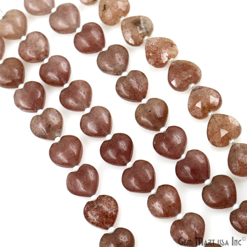 Strawberry Quartz Heart Beads, 7 Inch Gemstone Strands, Drilled Strung Briolette Beads, Heart Shape, 10mm