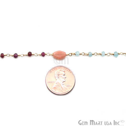 Moonstone 10x6mm Aqua Chalcedony and Rhodolite 3-4mm Beaded Gold Plated Wire Wrapped Rosary Chain - GemMartUSA