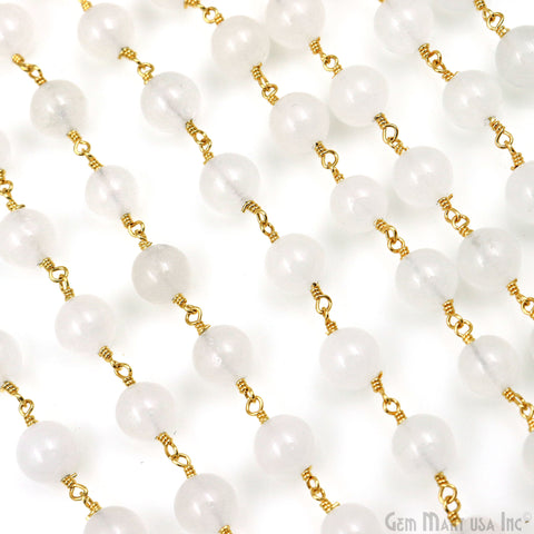 White Jade Faceted Beads 8mm Gold Plated Wire Wrapped Rosary Chain