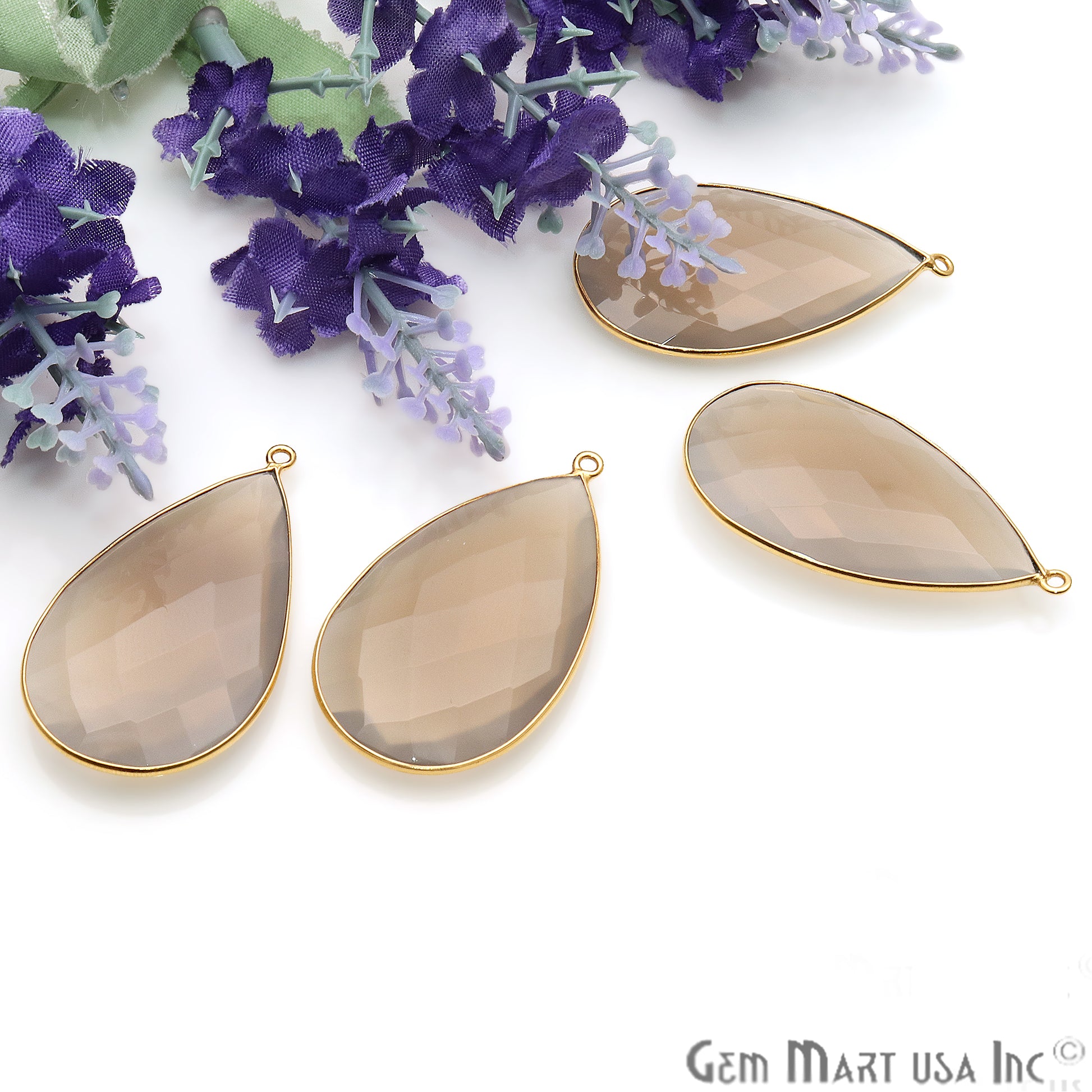 Smoky Chalcedony Pear Shape 24x43mm Gold Plated Single Gemstone Connector - GemMartUSA