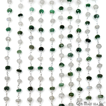 Emerald & Rainbow Faceted Beads 4mm Silver Wire Wrapped Rosary Chain