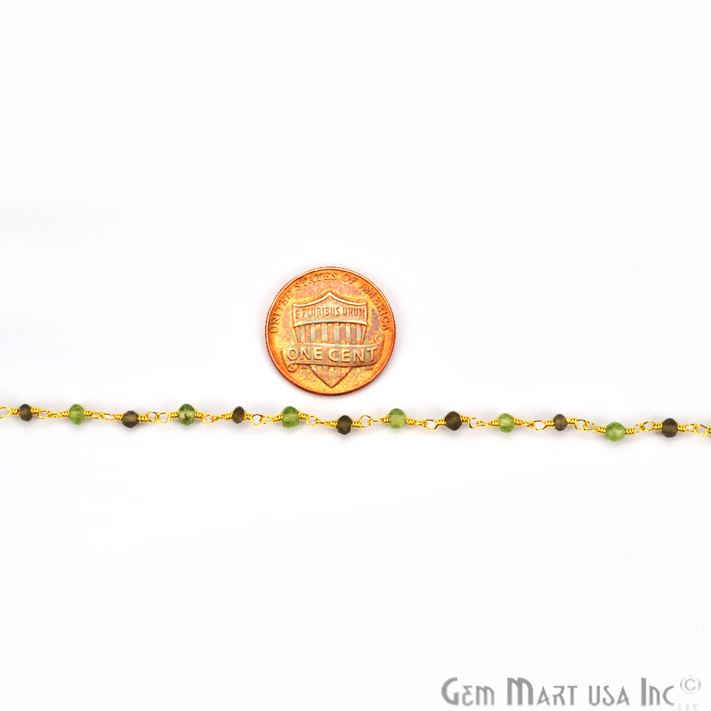 Smoky Topaz With Peridot Beads Rosary Chain, Gold Plated Wire Wrapped Rosary Chain