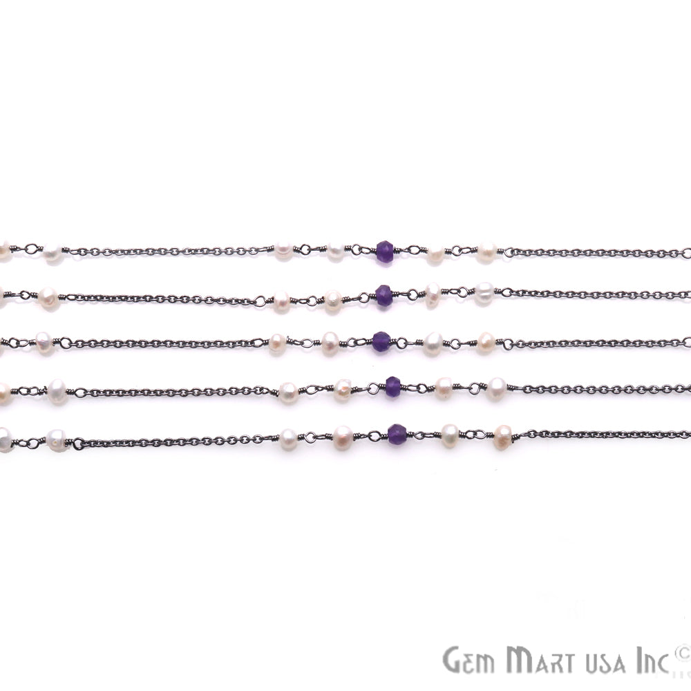 Amethyst & Pearl Beaded Oxidized Wire Wrapped Rosary Chain