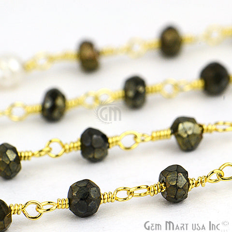 Black Spinel With Pearl Gemstone Beaded Wire Wrapped Rosary Chain - GemMartUSA