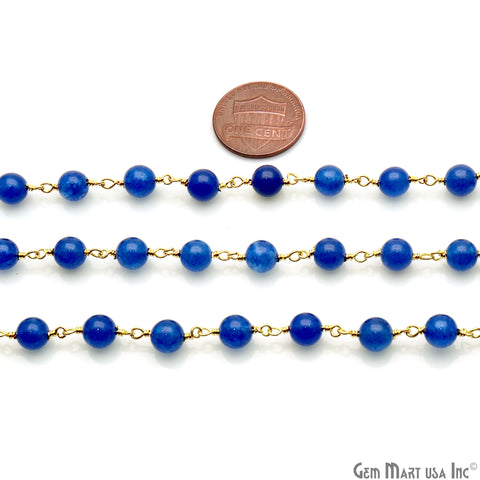 Blue Jade Cabochon Beads 6mm Gold Wire Wrapped Rosary Chain - GemMartUSA