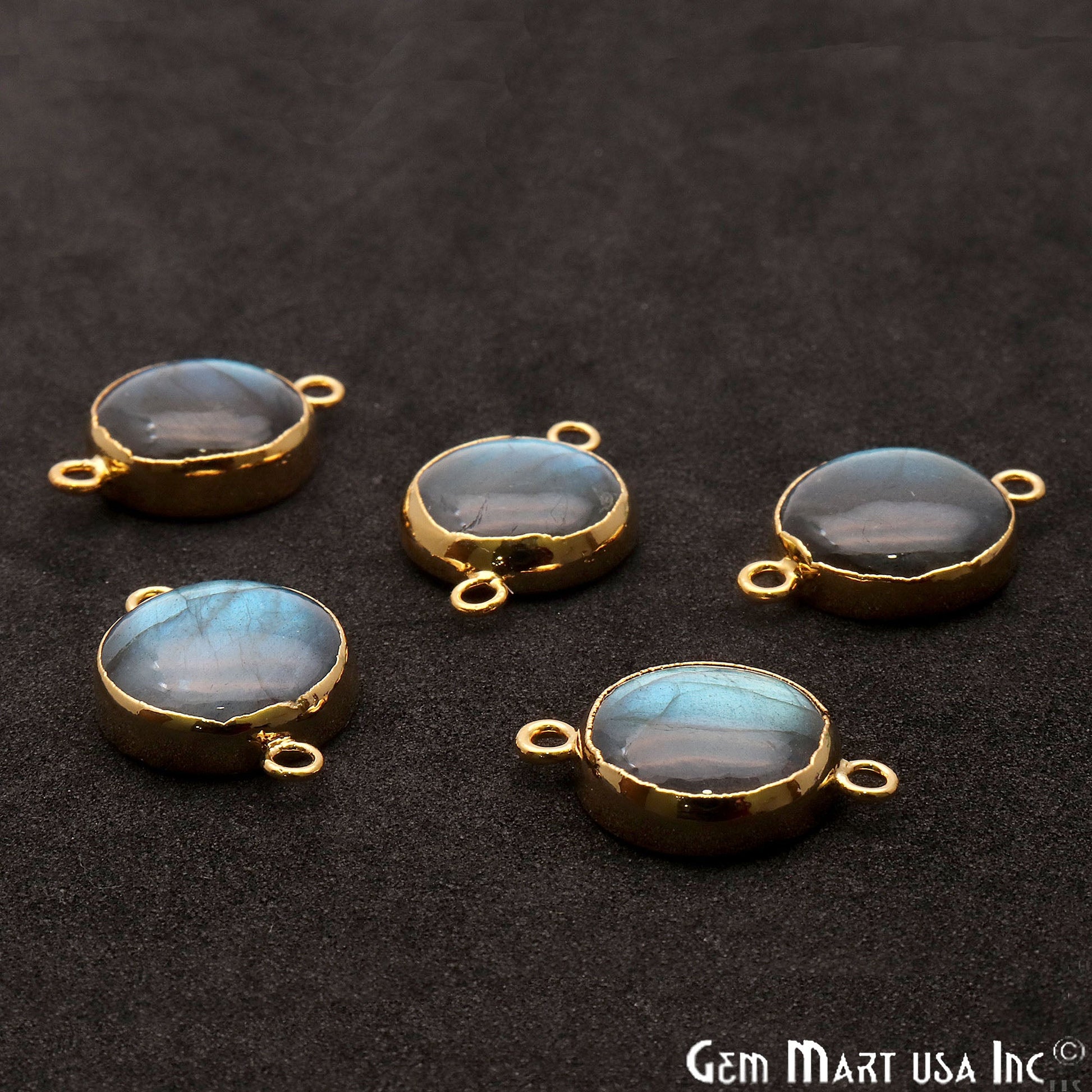 Labradorite Cabochon 22x15mm Round Gold Electroplated Double Bail Gemstone Connector - GemMartUSA