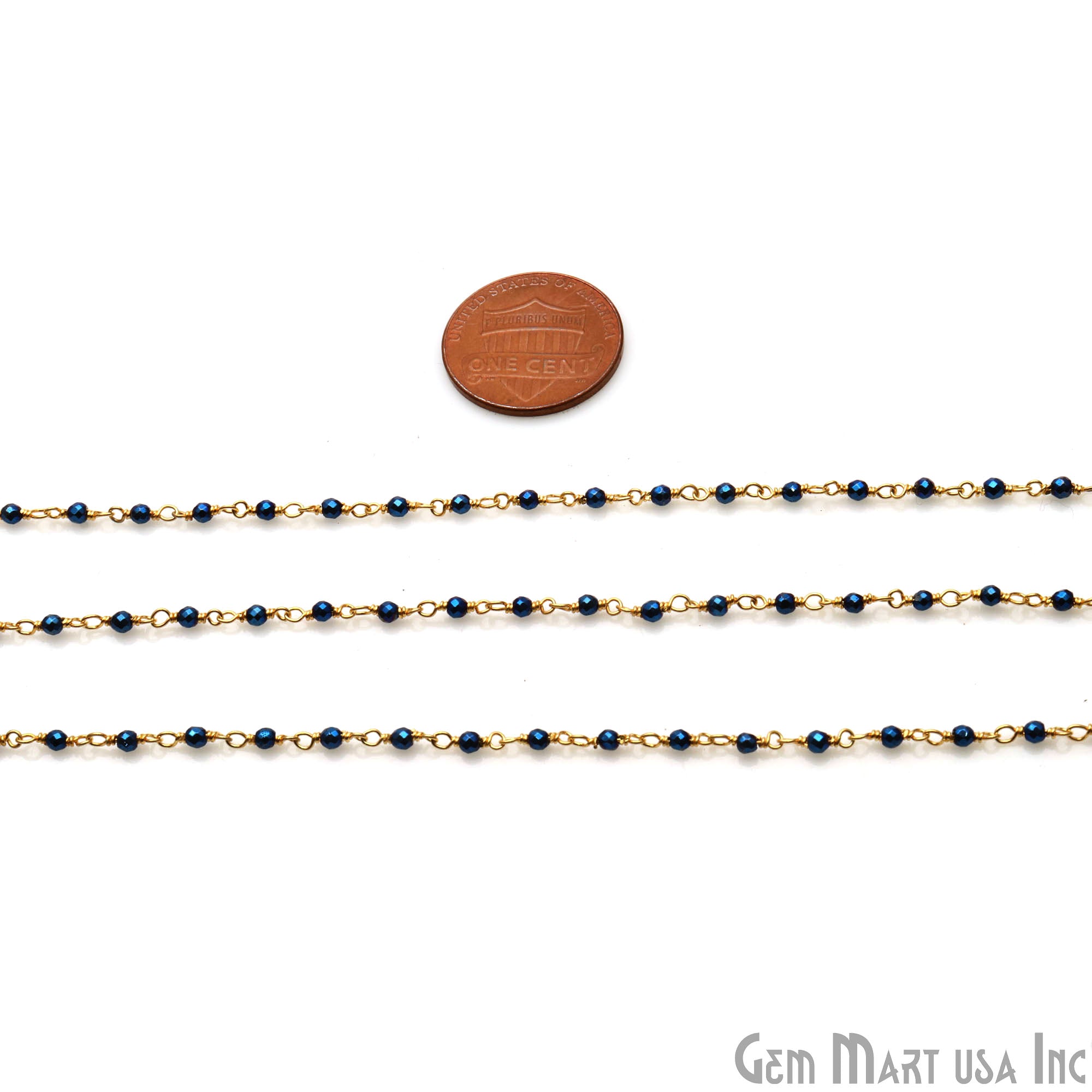 Metallic Blue Pyrite 2-2.5mm Tiny Beads Gold Plated Wire Wrapped Rosary Chain - GemMartUSA