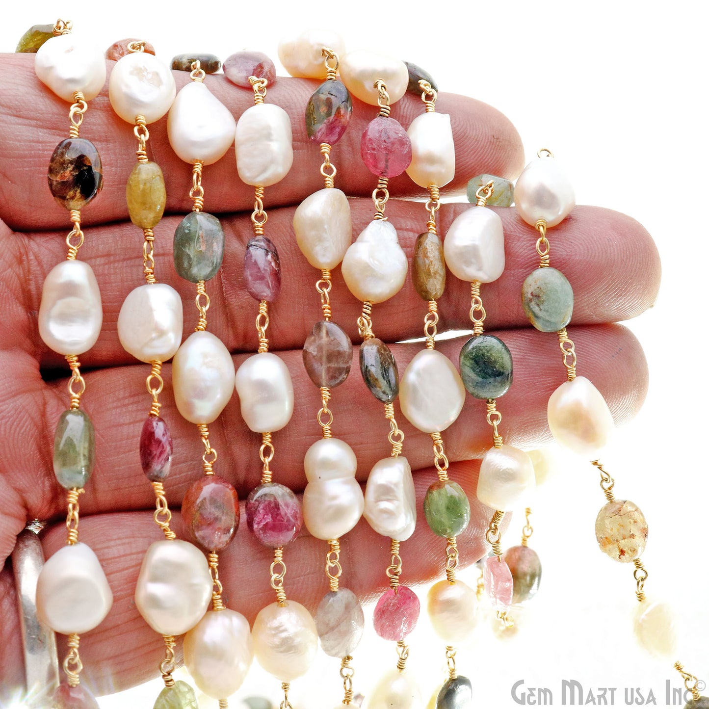 Multi Tourmaline & Pearl Rondelle Beads 10x6mm Gold Plated Wire Wrapped Rosary Chain