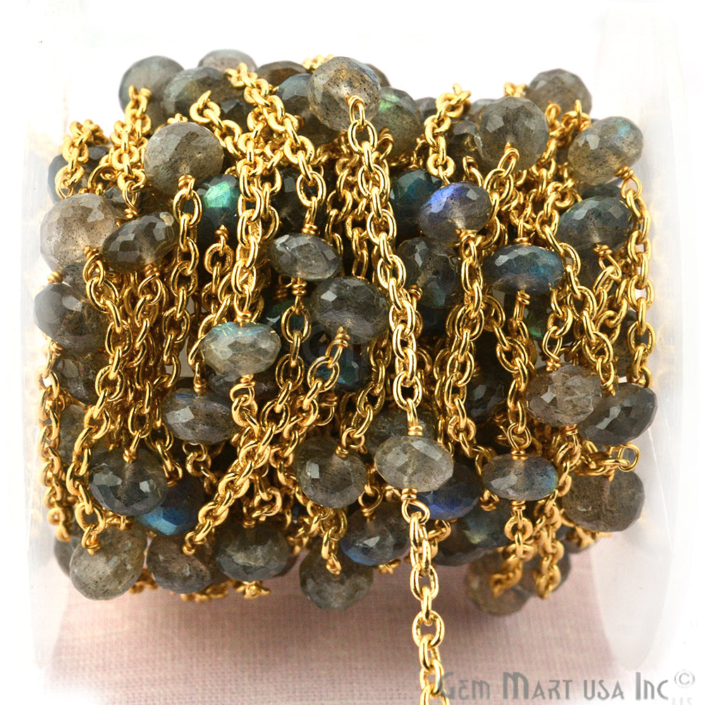 Labradorite Rondelle 7-8mm Gold Plated Wire Wrapped Beads Rosary Chain (763879424047)