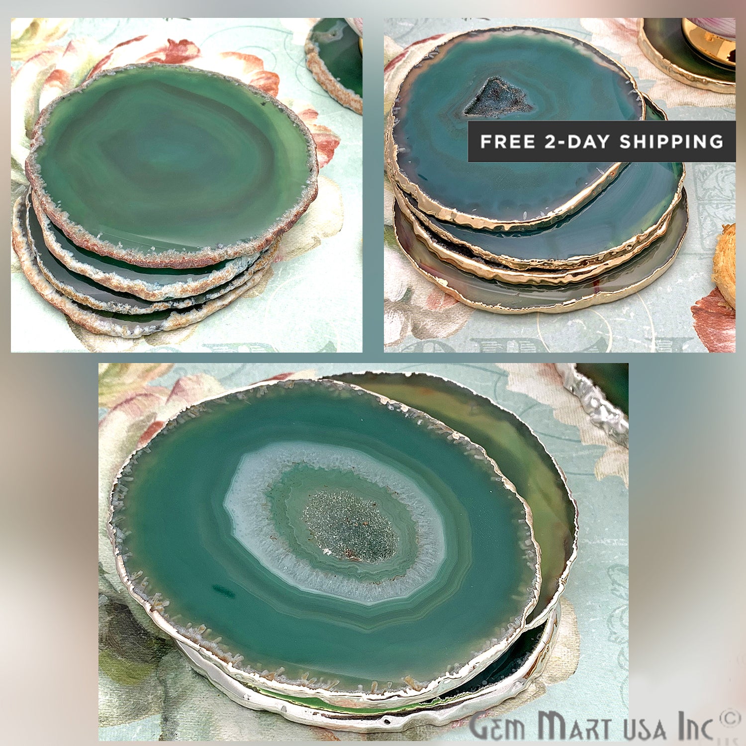 Green Agate Coaster, Coaster Set, Rock Coaster,Agate Slice Drink Coaster - GemMartUSA