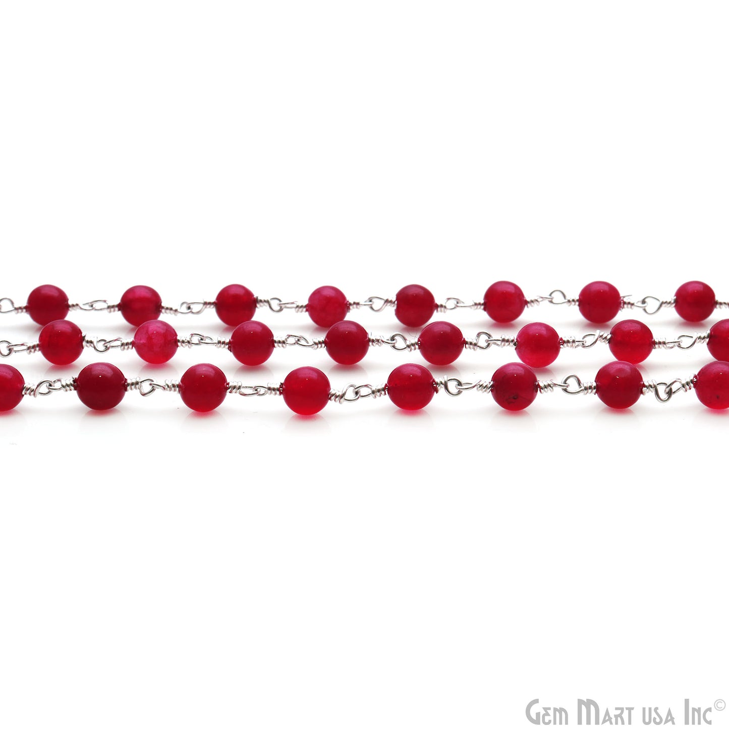 Ruby Jade Cabochon Beads 6mm Silver Wire Wrapped Rosary Chain