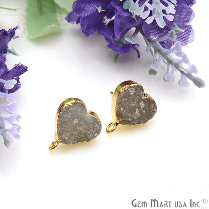 Heart Shape 16x13mm Gold Plated Loop Connector White Druzy Stud Earrings (WZ-90014) - GemMartUSA