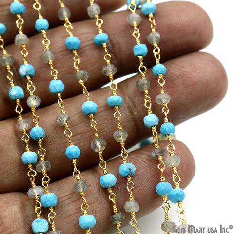 Turquoise & Labradorite 3-3.5mm Gold Plated Faceted Beads Wire Wrapped Rosary Chain