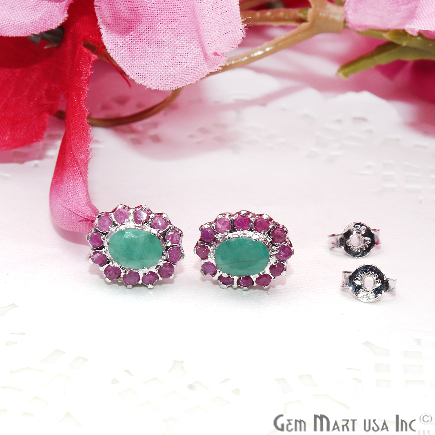 Emerald With Ruby 10x12mm Sterling Silver Oval Shape Stud Earring - GemMartUSA