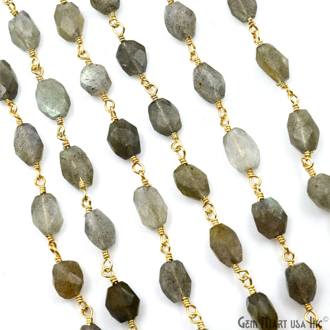 Labradorite Faceted Beads 6x8mm Gold Wire Wrapped Rosary Chain