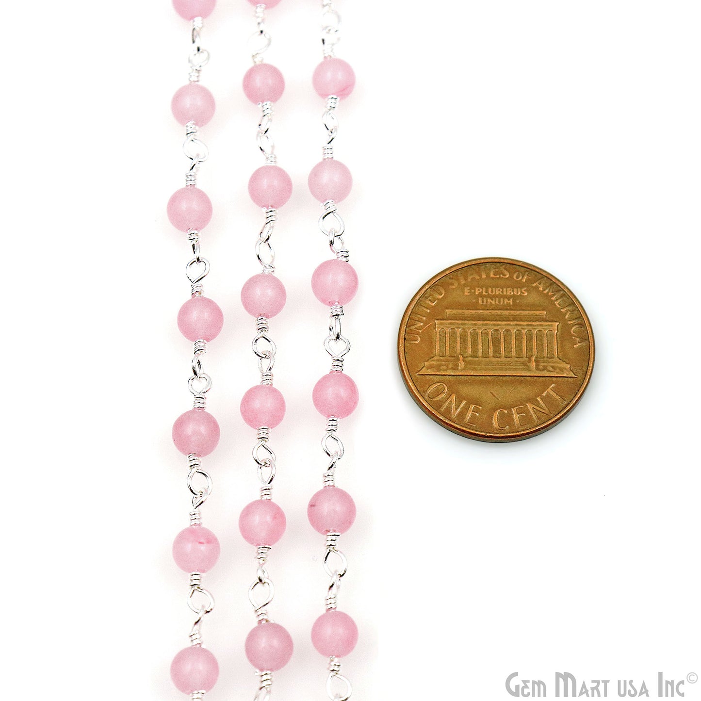 Pink Jade Cabochon 4mm Silver Wire Wrapped Rosary Chain