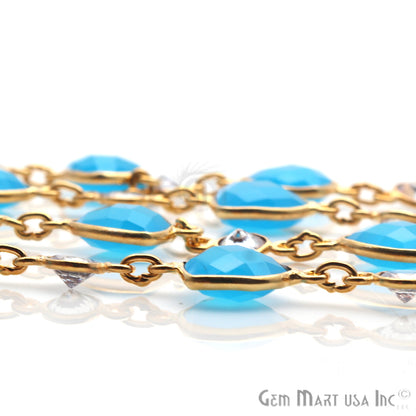 Sky Blue Chalcedony & Crystal Gold Plated Bezel Link Continuous Connector Chain - GemMartUSA